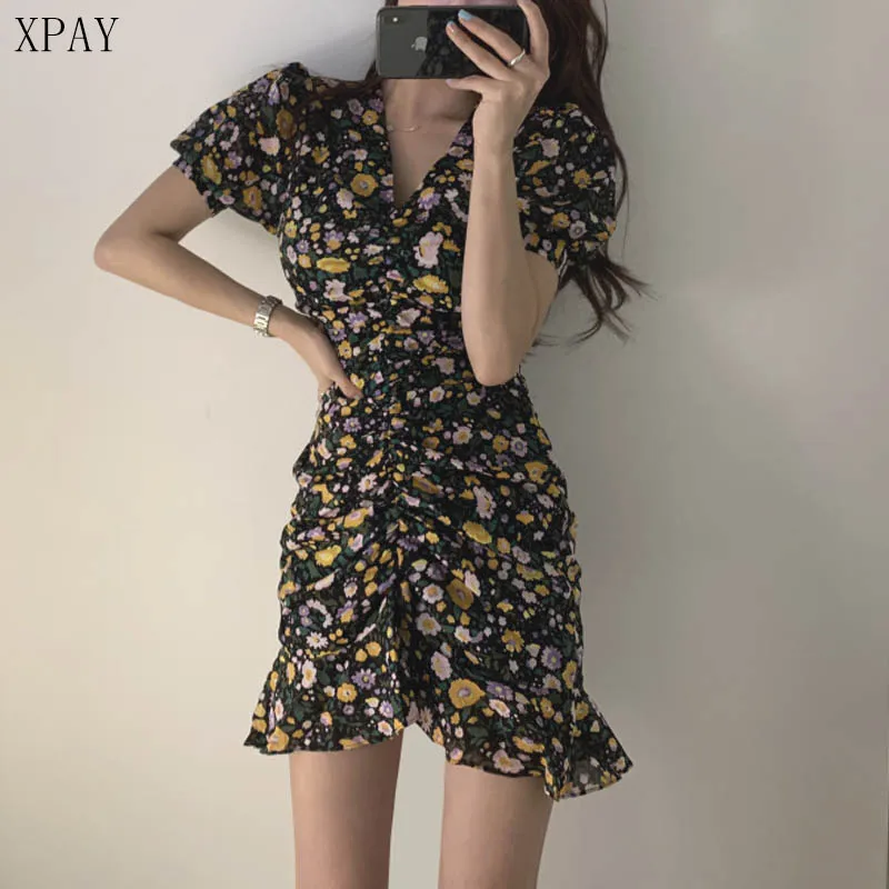 

Summer Women Dress Sundress Vintage Ruffle Floral Chiffon Boho Mini Dress Elegant Short Sleeve Korean Chic Vestiti Donna Sukienk