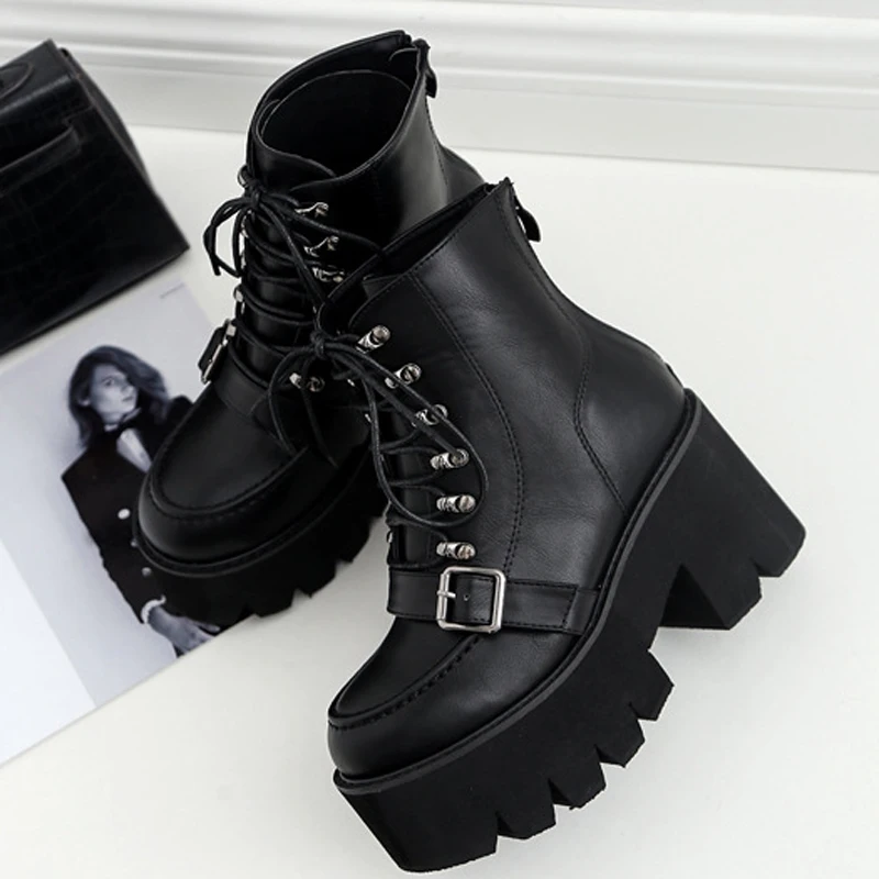 

Lace up Platform Women's Boots Buckle Strap High Heel Martin Boots Women Black Goth Boots Ankle Boots for Women