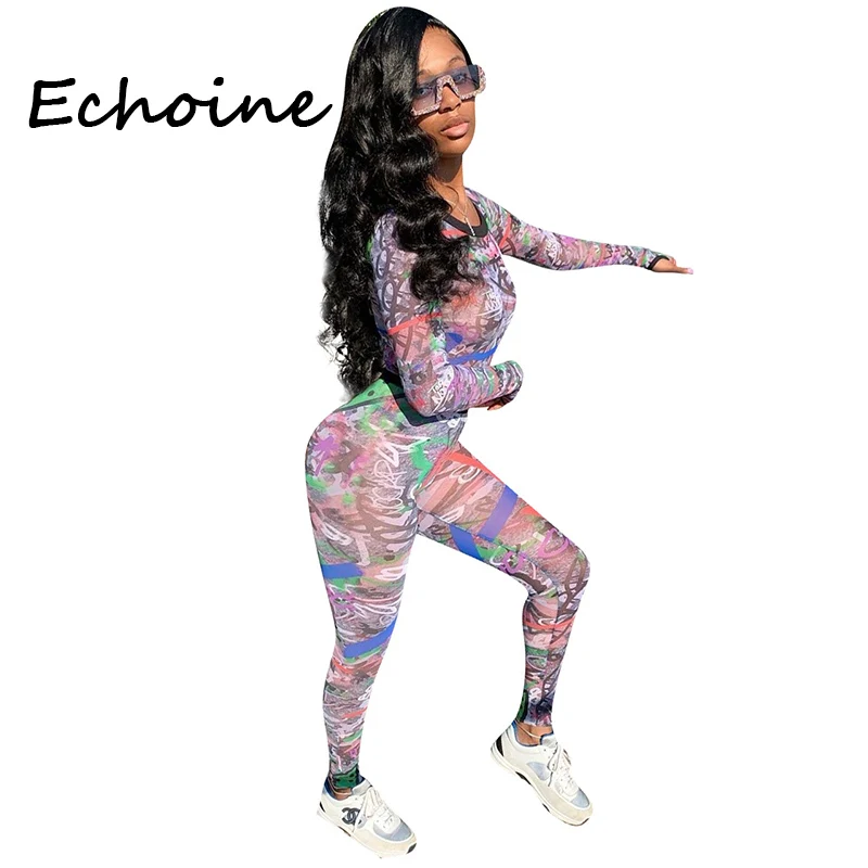 

Echoine New Autumn Sheer Mesh Print Two Pieces Set Long Sleeve Crop Top + Pants Suits Slinky Bodycon Women Two Piece Outfits