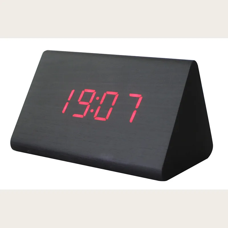 Светодиодный треугольный будильник из черного дерева, настольные часы со звуковым контролем, электронные часы - Цвет: Red digital
