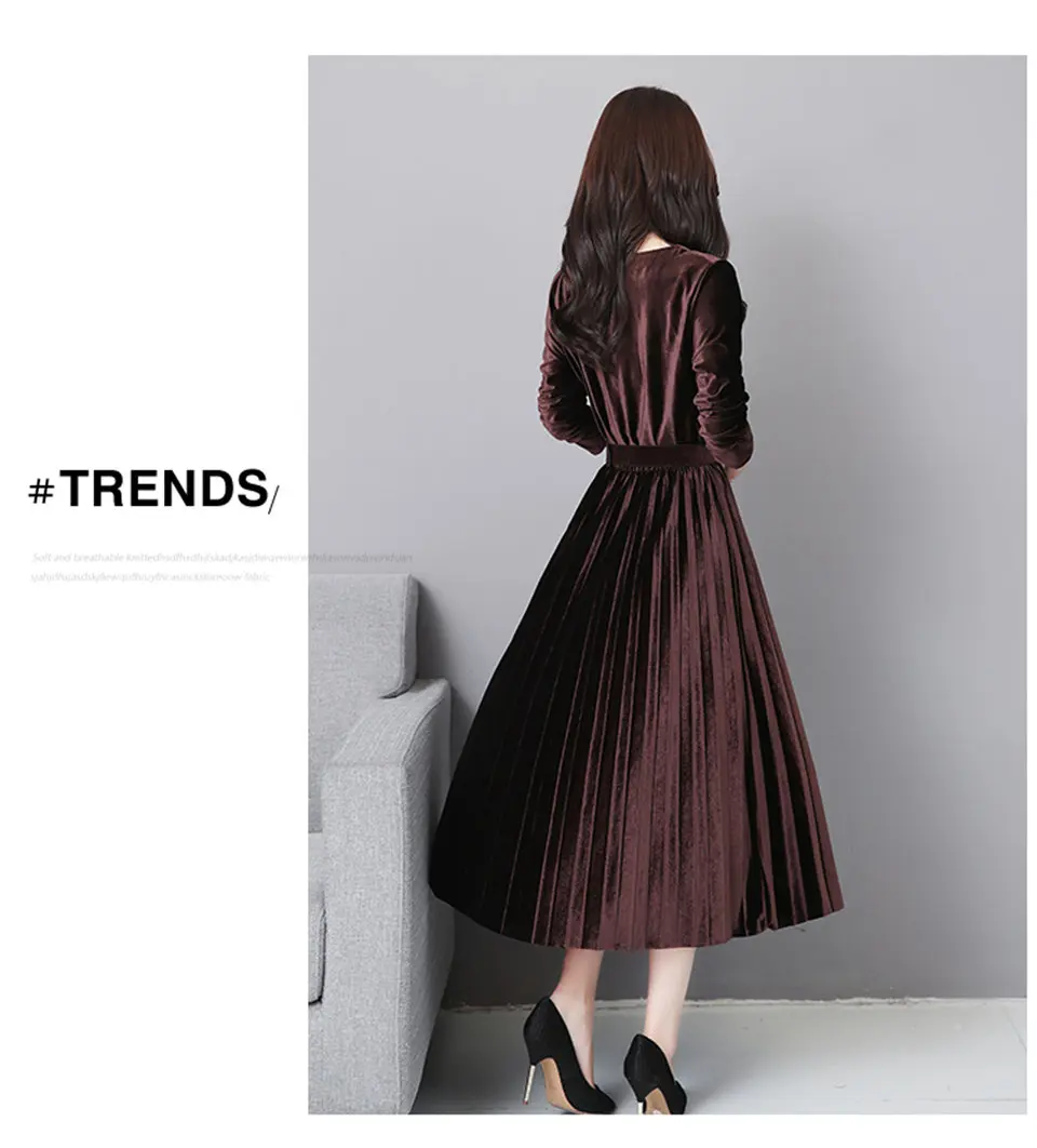 Retro Elegant Dress Women Autumn Winter Pink Velvet Dress Female Solid O-Neck Party Pleated Dress Vestidos with belt