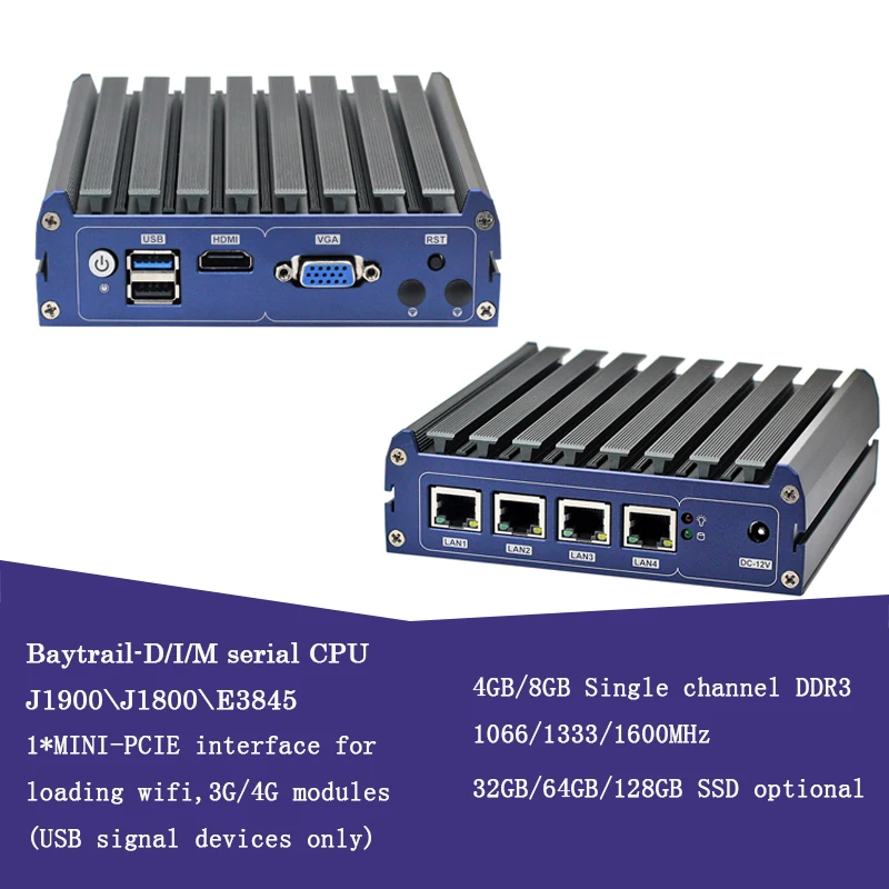 ATOM E3845 vpn-сервер мини-ПК 4 Гб ОЗУ четырехъядерный безвентиляторный pfsense брандмауэр мини-ПК с 4 портами Lan маршрутизатор Поддержка AES-NI
