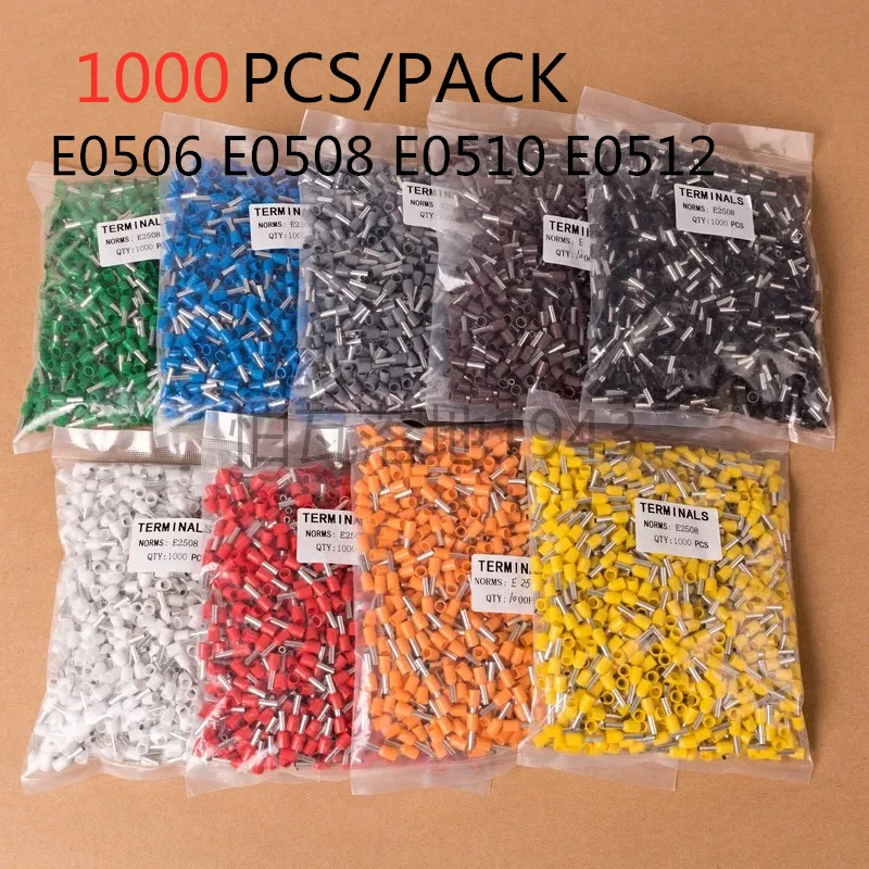 

1000 unids/pack E0506 E0508 E0510 E0512 cable aislado Terminal conector virolas para prensar Terminal Tubular AWG #22