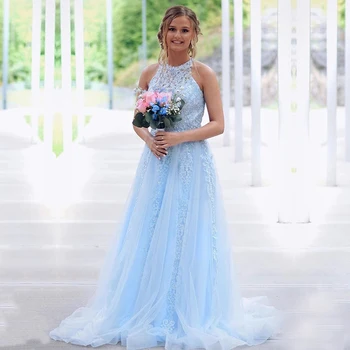 

Eightale Light Blue Prom Dresses 2020 Halter Lace Elegant Custom Made Party Dresses Tulle Graduation Evening Gowns 2020