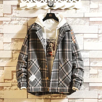 

Man Loose Coat Autumn Trend Baseball Woolen Lattice Jacket Loose Coat Autumn Mount Clothes