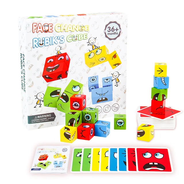 Cube Face Changing Building Blocks Board Game Cartoon Puzzle Montessori Toys Wooden Level Game 64 pcs Cards Kids Educational Toy 5