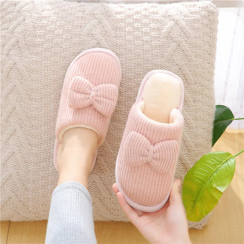 

Autumn & Winter New Style Bow Cotton Slippers Women's Home Indoor Anti-slip Warm Slipper Plush Slipper Men's