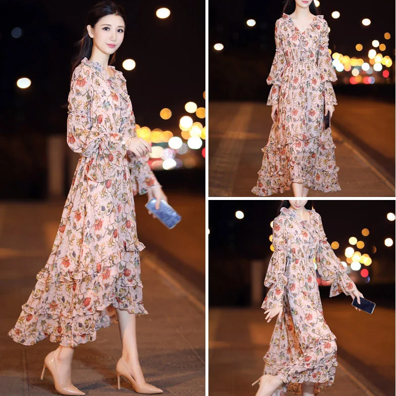 Новинка года, стильная одежда на раннюю весну элегантное шифоновое платье выше колена с v-образным вырезом и длинными рукавами приталенное обтягивающее платье с цветочным рисунком