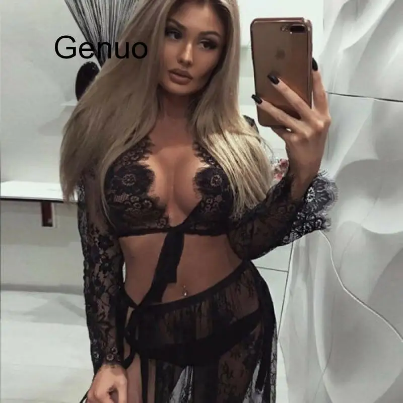 Women Sheer Lace Deep V Plunge Tie Up Knot See Through Blouse Crop Top Sexy Black Summer Beach Cover Up