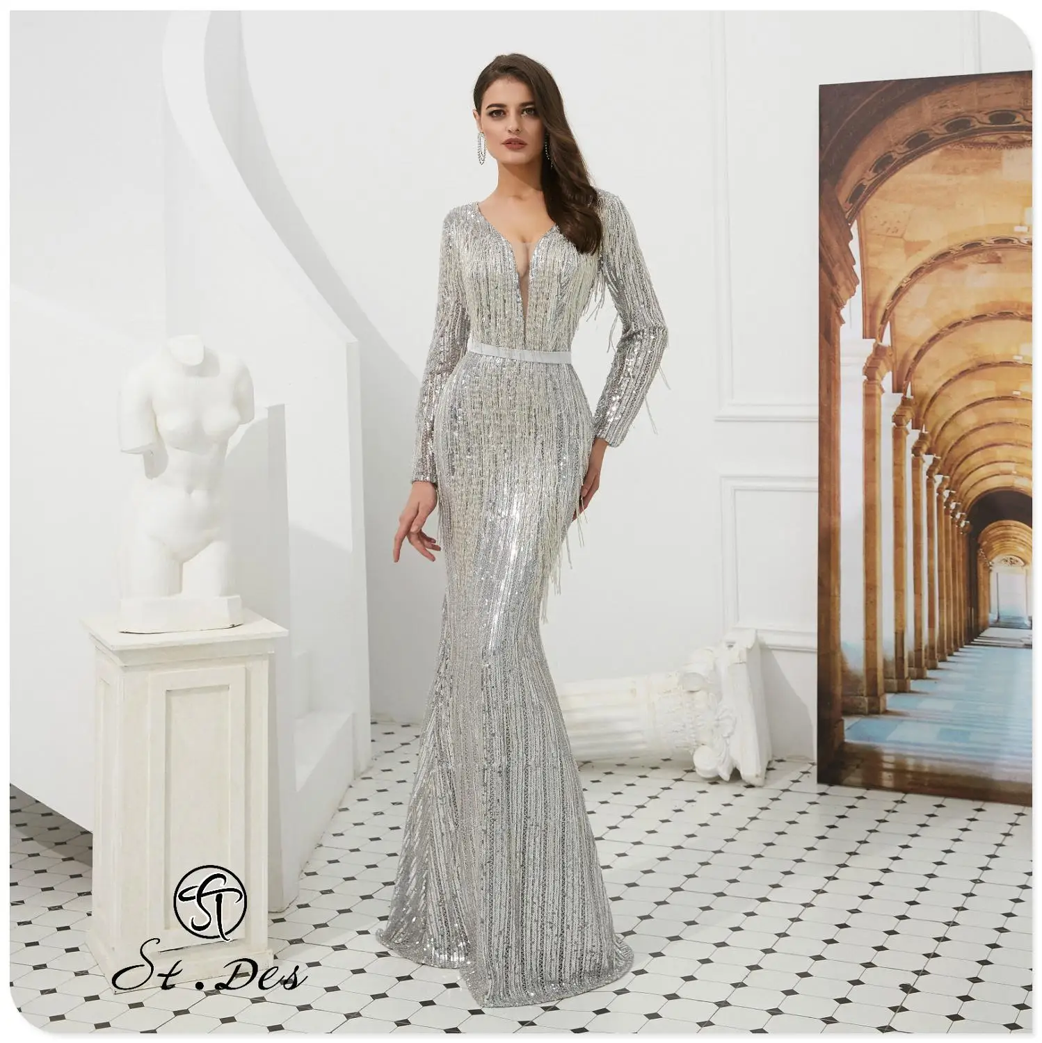 

NEW Arrival 2020 St.Des Mermaid V-Neck Russian Sliver Long Sleeve Designer Floor Length Evening Dress Party Dress Party Gown