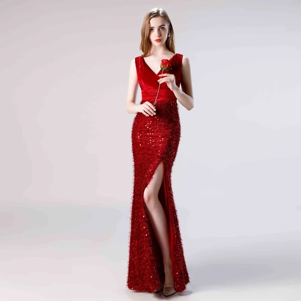 Vivian's Bridal винтажная винно-черная драпированная складка Макси бархатное сексуальное платье с двойным v-образным вырезом с боковыми разрезами и блестками женское платье для выпускного