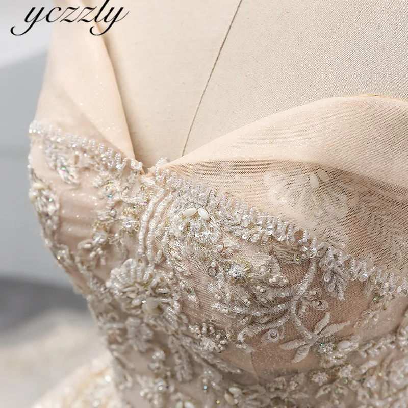 Vestido De Casamento великолепное бальное платье цвета шампанского Кружева Аппликации Свадебные платья из жемчуга плюс размер с открытыми плечами невесты платье W135