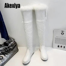 Ботфорты Женская обувь на толстом высоком каблуке модные сапоги до бедра с круглым мыском теплые зимние ботинки с искусственным мехом, сохраняет тепло черный k868