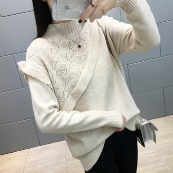 

9025 real photo new half high collar hollow lace solid color Pullover Sweater 54-1 floor 7 rows 3 shelves