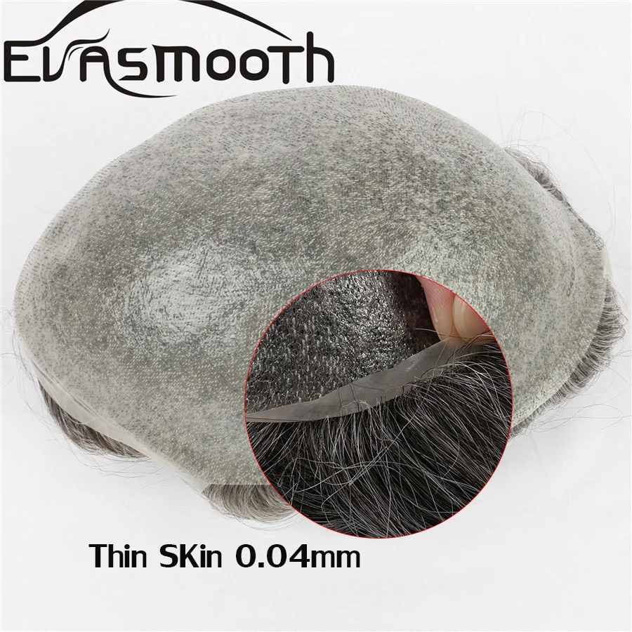 0.04-0.06mm 인도 머리 PU 남자 가발 얇은 피부 남자 가발 쓴 진짜 인간의 머리카락 조각 V-루프 Knotless 교체 시스템 남자 머리 가발