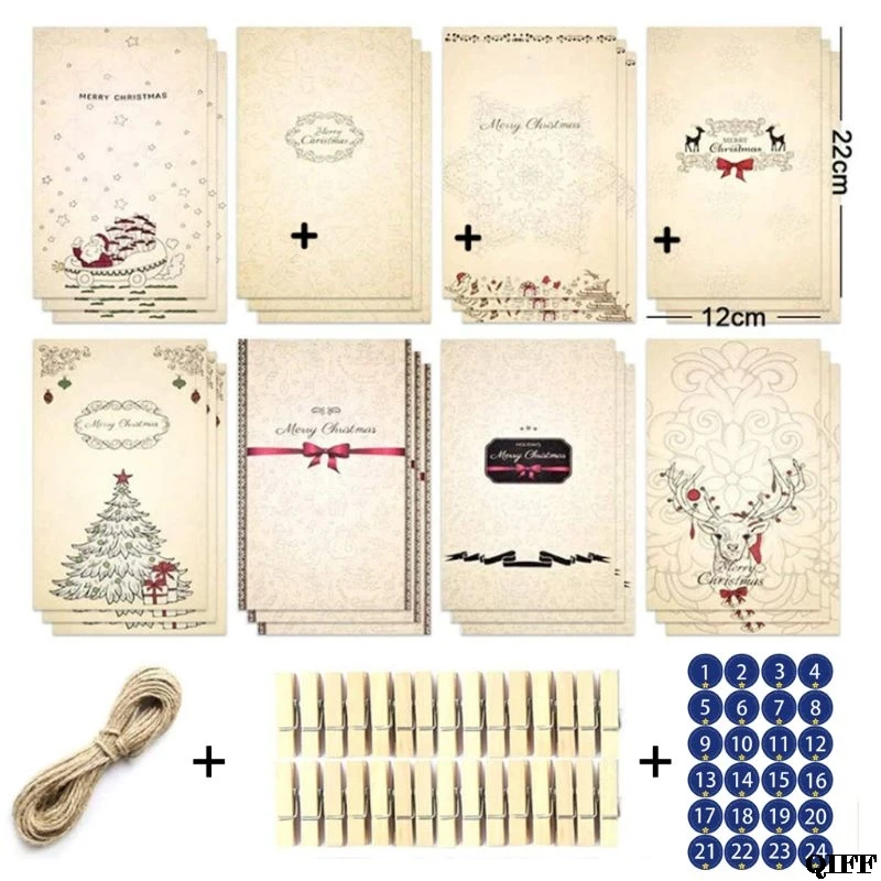 24Pcs Advent Christmas Calendars Kraft Paper Candy Bag with Stickers Clips Rope