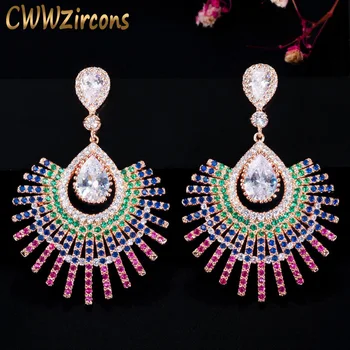 

CWWZircons Exquisite Dazzling Blue Green Red Cubic Zirconia Paved Big Dangle Drop 585 Gold Boho Earrings Jewelry for Women CZ660