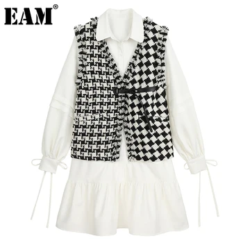 

[EAM] Women Black Plaid Pleated Ruffles Shirt Dress New Lapel Long Sleeve Loose Fit Fashion Tide Spring Autumn 2020 1DC600