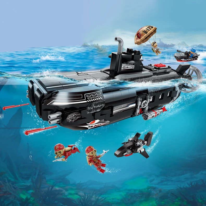 Новинка 1730 года. Военная базовая модель подводной лодки. Набор детских игрушек. Набор строительных блоков. Развивающие детские игрушки для мальчиков