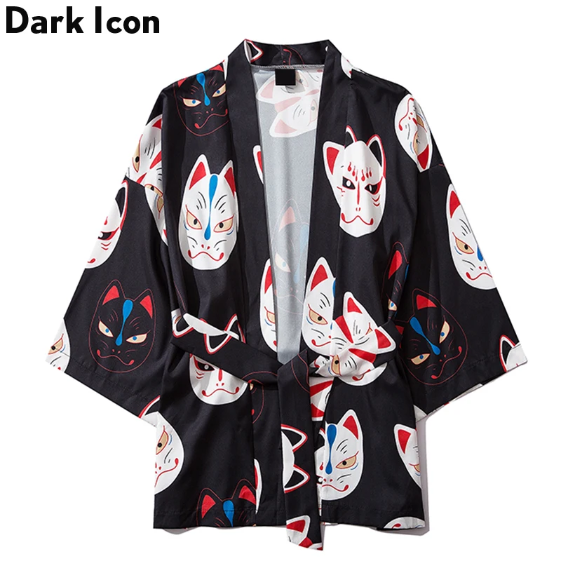

Dark Icon Cat Printing Cardigan Kimono Jackets 2019 Summer Men Japanese Harajuku Style Cardigan Jackets Men Clothing