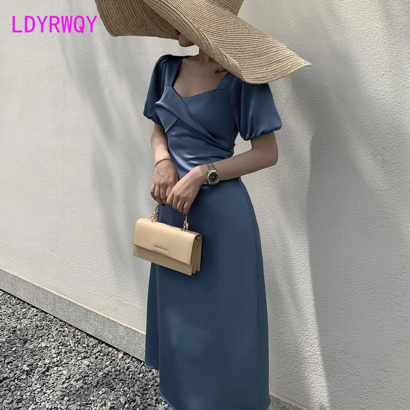 

2019 Korean version of the new women's fashion neckline bow dress Ankle-Length Regular V-Neck Solid Office Lady