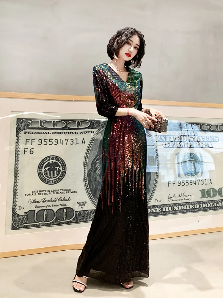 AE637 Robe De Soiree Половина рукава Вечерние платья с v-образным вырезом русалка с блестками вечерние платья женские элегантные платья для вечеринки