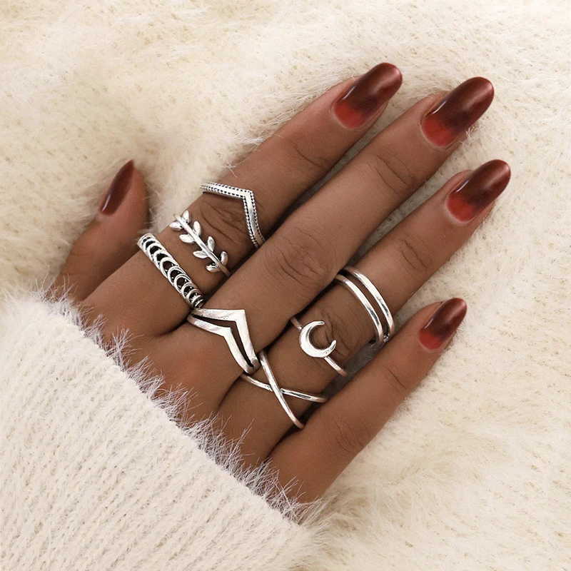 Docona De Luna Media luna Anillos para las mujeres antiguo Punk conjunto de Anillos Midi de nudillo Vintage Anillos accesorios de la joyería de 7 unids/set 9893