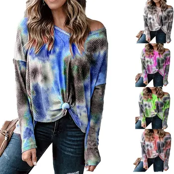 

2020 Autumn And Winter New Waffle Tie-dye Print V-neck Long-sleeved Loose T-shirt Women's Clothing Casual Knotted Woman Tshirts