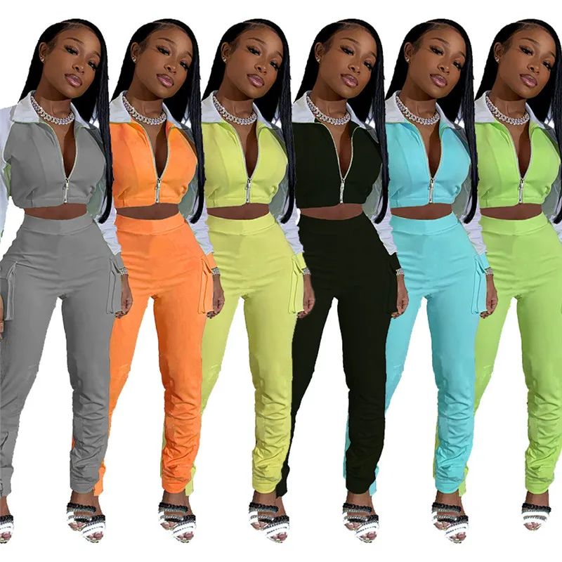 

Fitness Women 2 Piece Set Color Patchwork Tracksuit Zipper Long Sleeve Short Jacket Reflective Straps Pockets Pants Jogging Suit