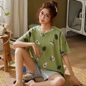 

100% Cotton Green Sleepwear Sets Women Lovely Avocado Pattern Pajamas Summer Short Home Wear Hot Sale Femme Underwear Pijamas