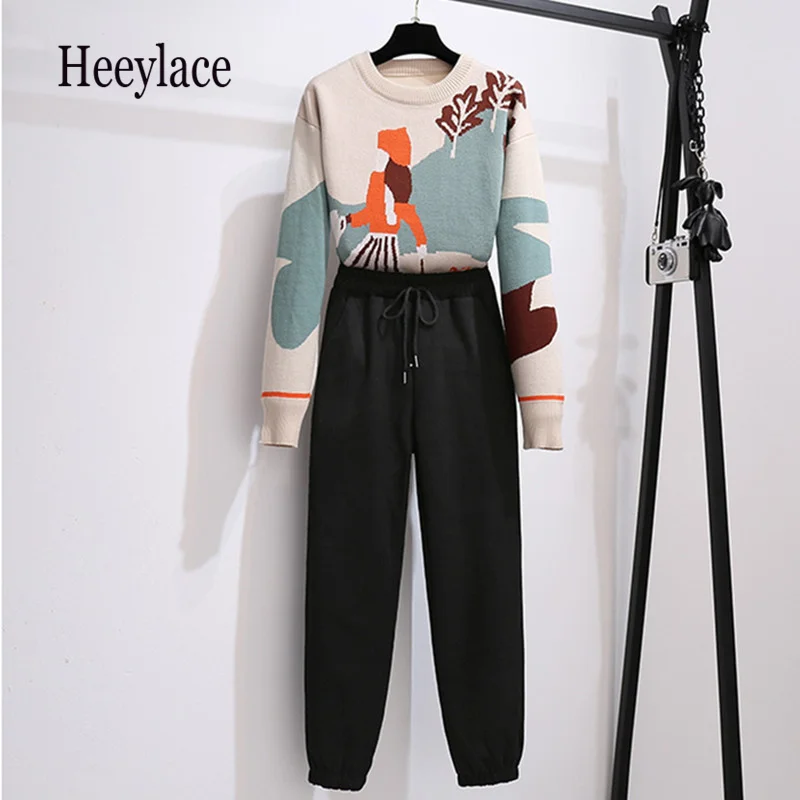

Sweater Trousers Suits 2021 Fall Winter New Knitted Pattern Girl Loose Sweater + Elastic Waist Woolen Pants Two piece set Women
