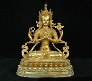 

wedding decoration Old Tibetan Bronze 24k gold Gilt 4 Arms Chenrezig Kwan-Yin GuanYin Buddha statue