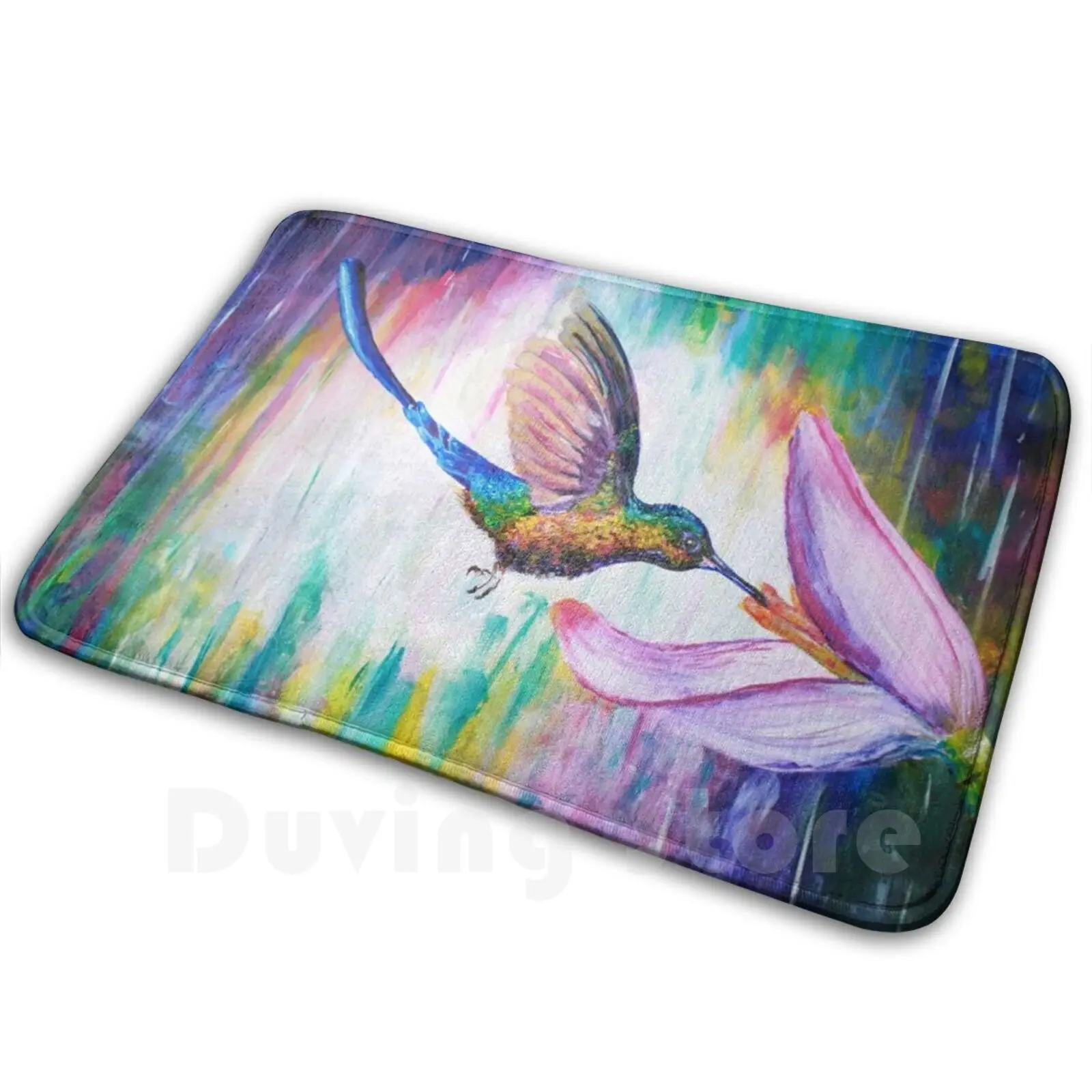 Hummingbird Mat Rug Carpet Anti-Slip Floor Mats Bedroom Acrylic Painting Bird Humming Flying Feather Colorful Flower Pink | Дом и сад