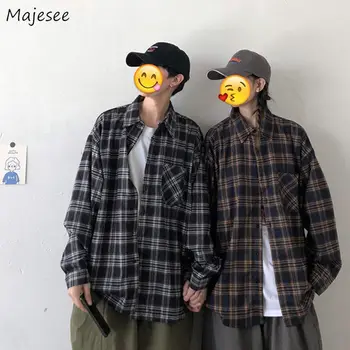 

Men Shirts Plaid Casual Long Sleeve Oversize Couples All-match Ulzzang Streetwear Turn-down Collar Plus Size 2XL Male Tops Chic