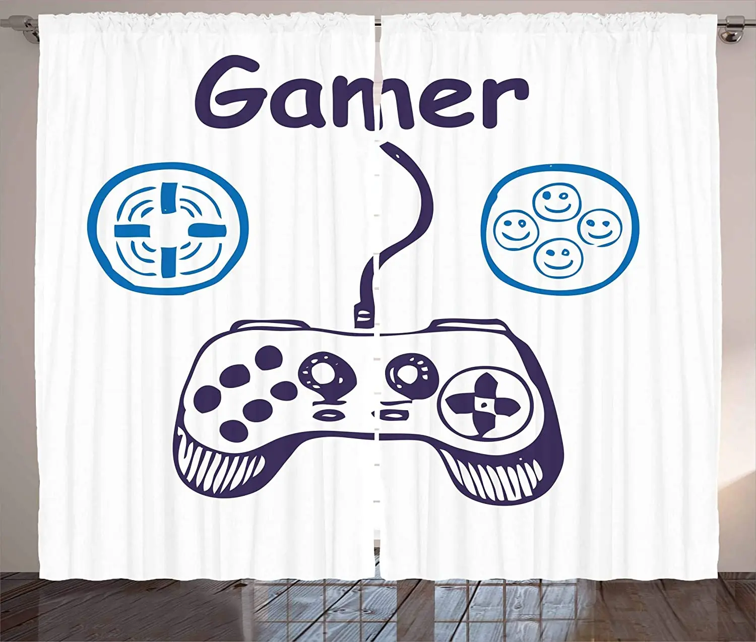 Gamer Curtains Modern Console Game Controller with Halftone Motif and Color Splashes Background Living Room Bedroom Window Drape 