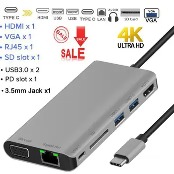 

Type C To RJ45 Lan 4K HDMI VGA 2 USB 3.0 SD Card Slot Reader Jack 8 in 1 USB C Hub Dock Adapter for Macbook for Samsung Huawei