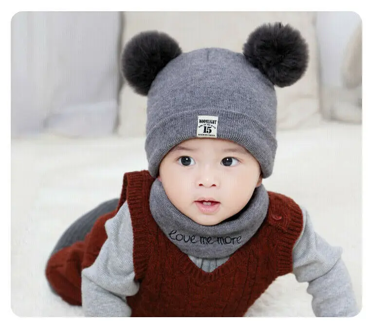 Милая шапка с помпоном для новорожденных мальчиков и девочек, зимний теплый вязаный шапка с помпоном, шарф, комплект