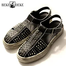 Дизайнерская Винтажная обувь на платформе с заклепками; Цвет белый; мужские сандалии-гладиаторы ручной работы из коровьей кожи; прогулочные сандалии; Sandalias Hombre