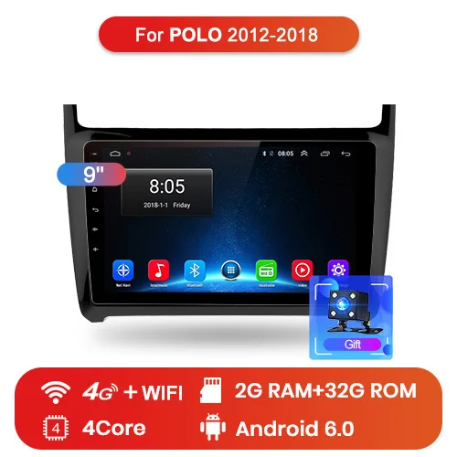 Junsun 2G+ 32G Android 9,0 для Volkswagen POLO 2012- Авто 2 din Радио стерео плеер Bluetooth gps навигация нет 2din dvd - Цвет: 4G (2GB 32GB)