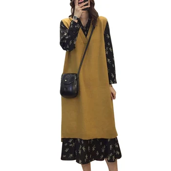 

Women Long Sleeve Printing Dress with Solid Color Knitting Vest Sweater for Autumn JL
