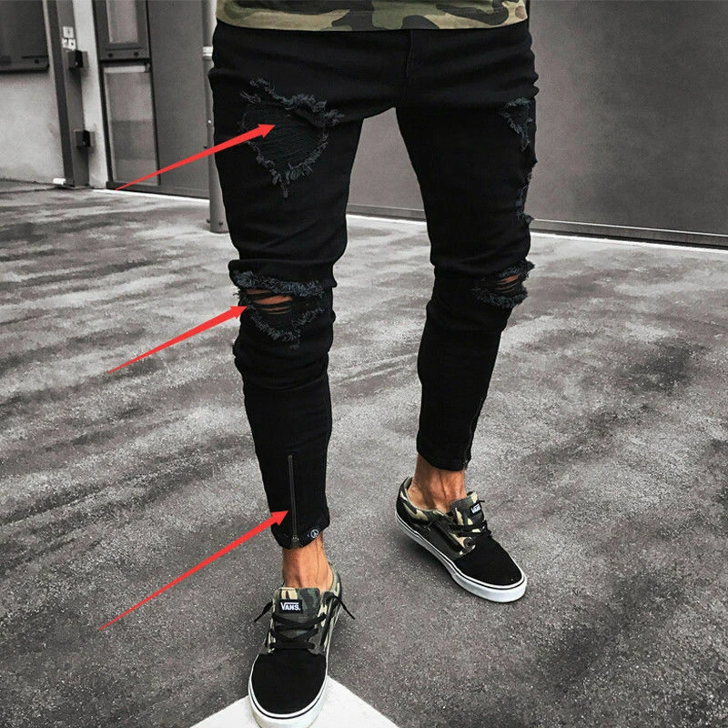 Pantalones vaqueros rasgados hombre, Vaqueros ajustados, deshilachados y deshilachados|Pantalones informales| - AliExpress