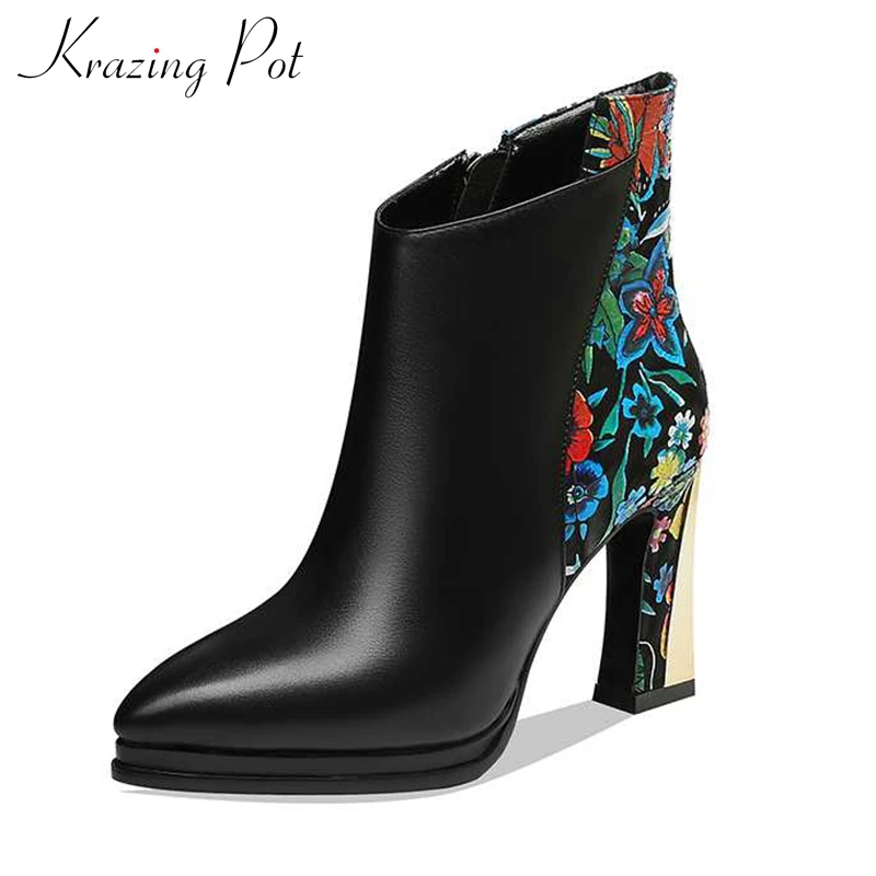 

krazing pot winter new mixed colors print genuine leather pointed toe super high heels side Zip women fashion ankle boots L19
