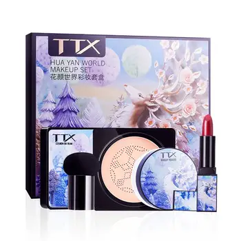 

4pcs Makeup Set Daily Make-up Kit Foundation Makeup With BB Cream, Setting Powder, Lipstick, Powder Puff Make Up Gift Set