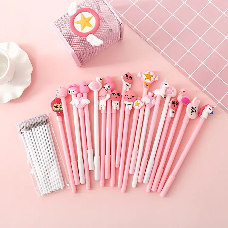 

20pieces+Pink Pen Holder Cute Cartoon Gel Pen Flamingos Cactus Unicorn Series Lovely Stationery Students Gift School Supplies