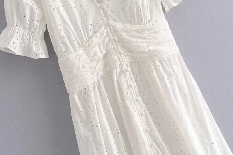 Spring New Style Europe And America WOMEN'S Dress-Style Solid Color Hollow out Embroidered V-neck Single Breasted Dress Big Skir