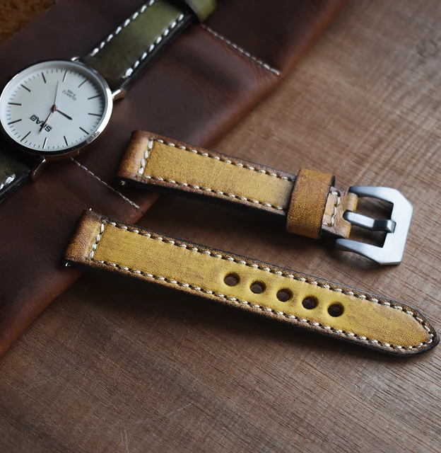 High Quality Genuine Leather Watch Band 18mm 20mm 22mm 24mm Handmade Wristband Stainless Steel Buckle Watch Strap for Panerai yellow