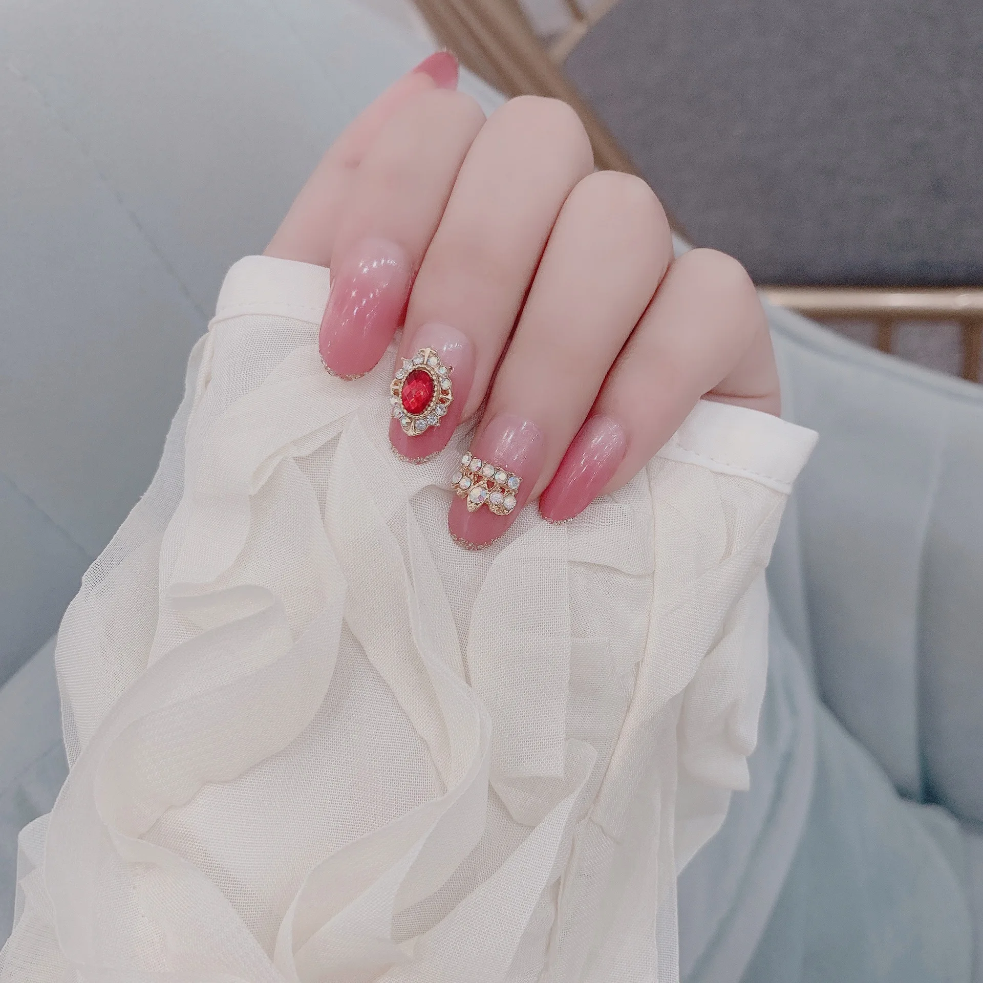 24pcs/set Gradient Golden Edge French Crown Ruby Fake Nail Full Cover False  Nail Tips Waterproof Nails Glue Diy Manicure Long - False Nails - AliExpress