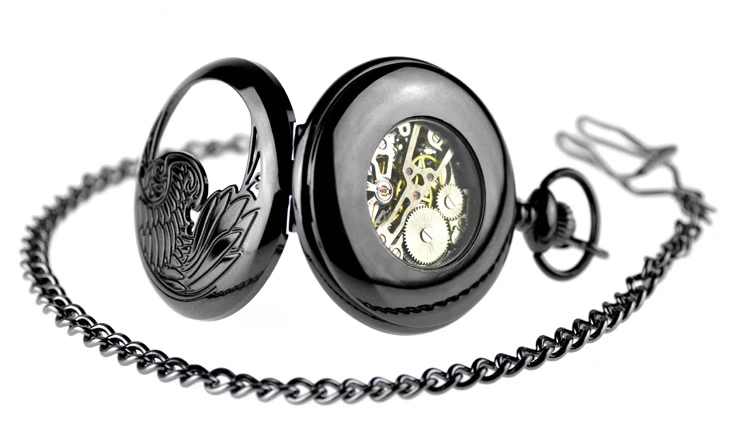 Горячая синий стимпанк Скелет механический карманные часы мужские антикварные Роскошные брендовые полностью черные карманные часы цепь
