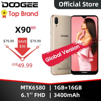 Перейти на Алиэкспресс и купить Сотовый телефон DOOGEE X90 6,1 дюйма, 19:9 экран LTPS с технологией Waterdrop, четырехъядерный смартфон, 16 Гб ОЗУ, 3400 мА/ч, две SIM-карты, 8 Мп + 5 Мп, WCDMA, Android Go