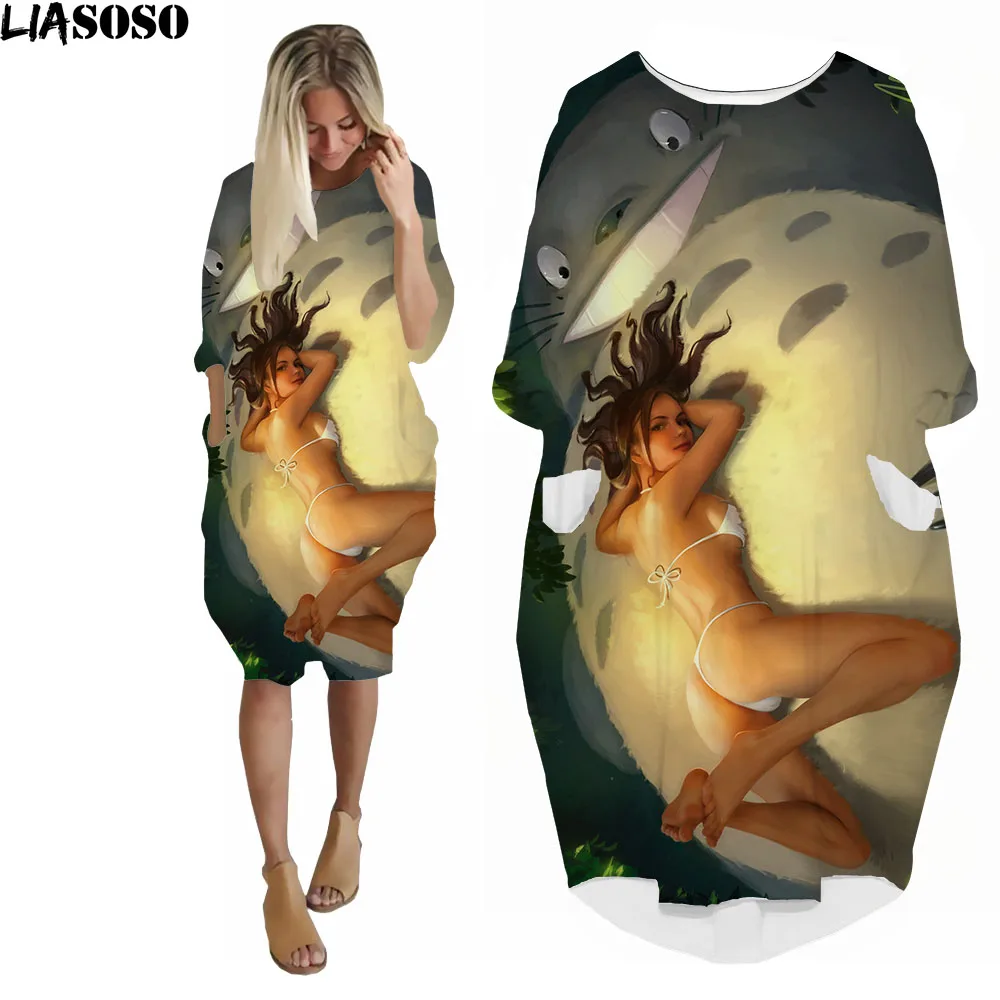 LIASOSO Anime Totoro Dress 3D Printing Girls Street Interesting Fashion Trend Wild Loose Long Sleeve Over The Knee Dress Womens